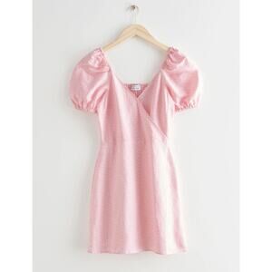 & Other Stories Light Pink Floral Puff Sleeve Linen Blend Mini Dress Size 2